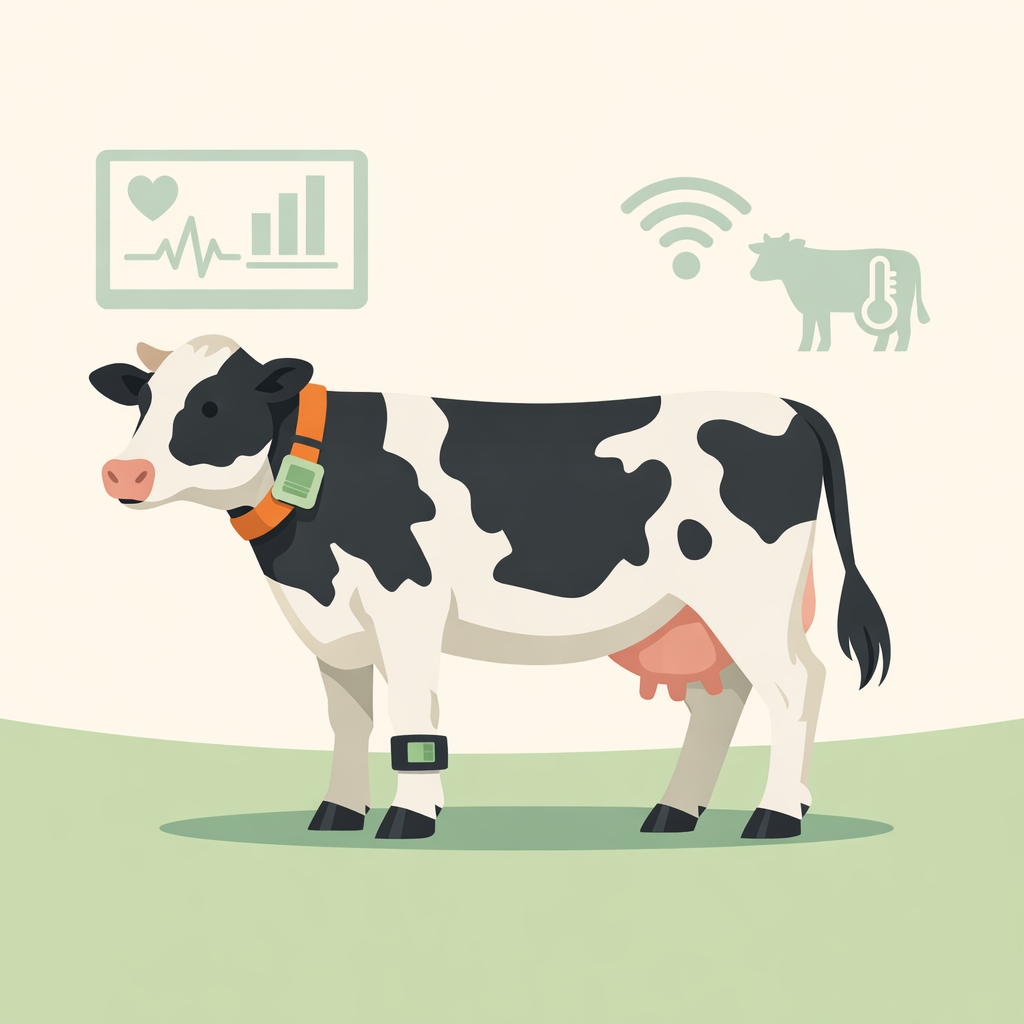 Illustration of a dairy cow with precision livestock farming sensors
